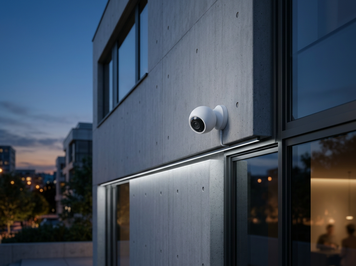 Dezente Sicherheitskamera an Gewerbefassade