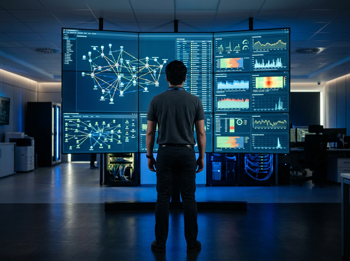 Techniker vor zentralem Monitoring-Bildschirm