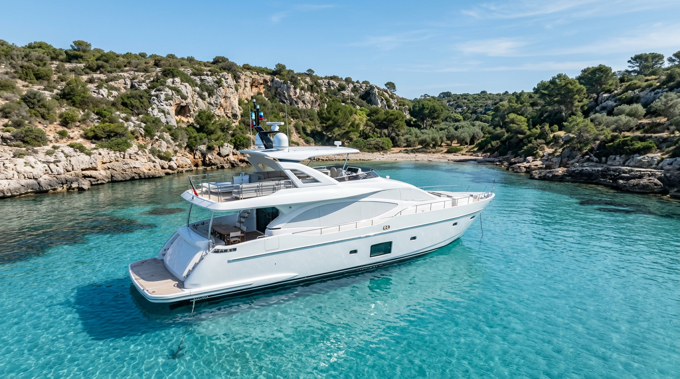 Moderne weiße Motoryacht vor Anker mit Starlink Satellitenkommunikation