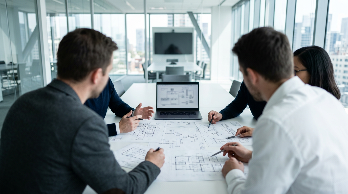 Projektbesprechung an einem hellen Tisch mit Bauplänen und Netzwerkplan