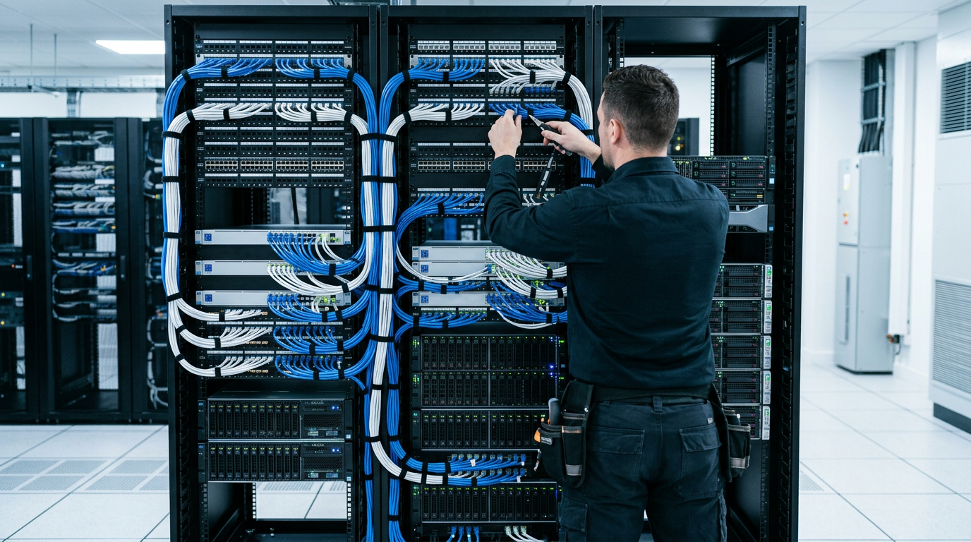 Techniker an einem sauber verkabelten Netzwerkschrank