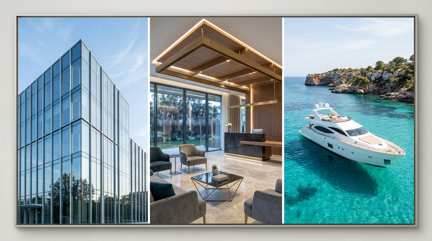 Moderne Gewerbefassade, Hotellobby und Yacht vor Anker